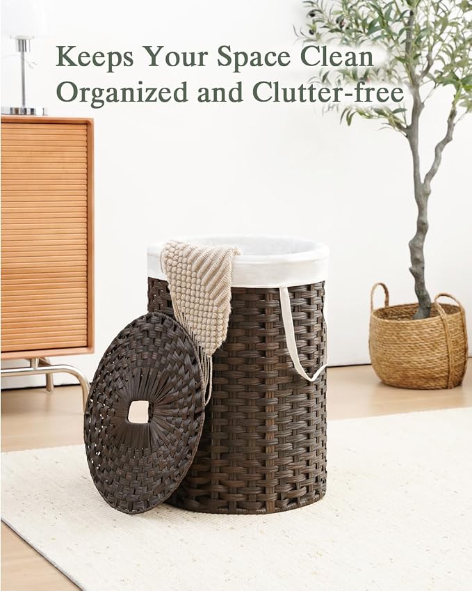 SETVSON Laundry Hamper with Lid 23.8 Gal (90 L) PE Rattan, Brown | Family Clothes & Blanket Trunk with Lid, Removable Liner Bag with Handles, 2 Mesh Wash Bags, Collapsible Steel Frame - Image 7