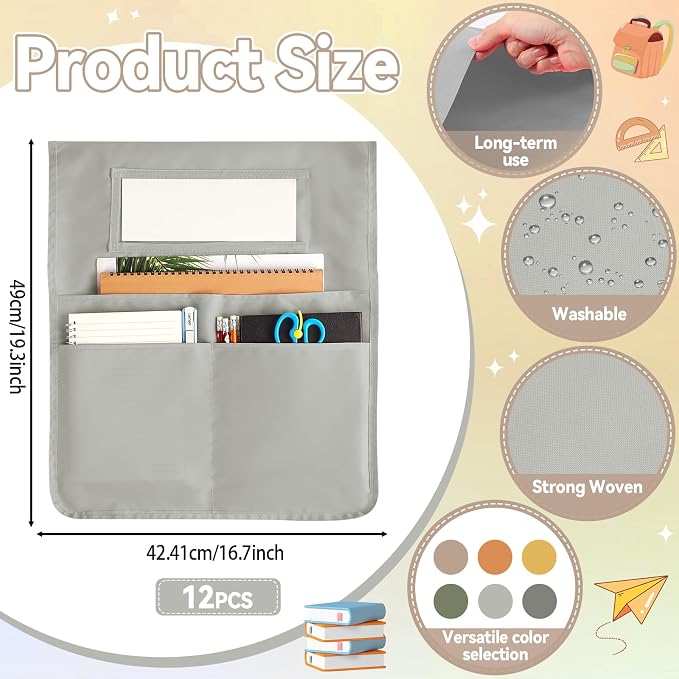 gisgfim 12 Pcs Chair Pockets for Classroom 16.7 x 19.3 Inch s with Name Tag Chairback 3 Pockets Chairs Seat Back Organizer for Elementary School Daycare Home Supply (Earth Color) - Image 2