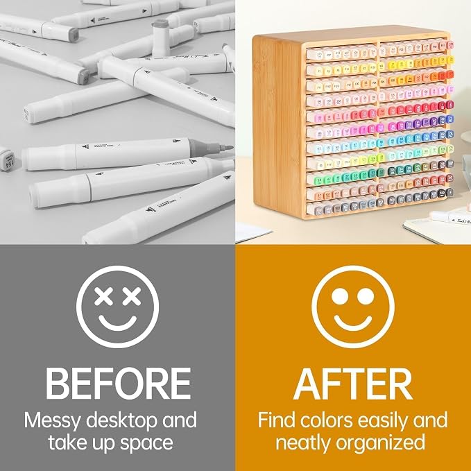 Markers Organizer Hold 176 Markers Birthday Gifts Bamboo Pen Holder Art Supply Pencil Alcohol Storage Organizer 22 Compartments All-in-One Marker Storage for Home Office Desk Classroom - Image 3