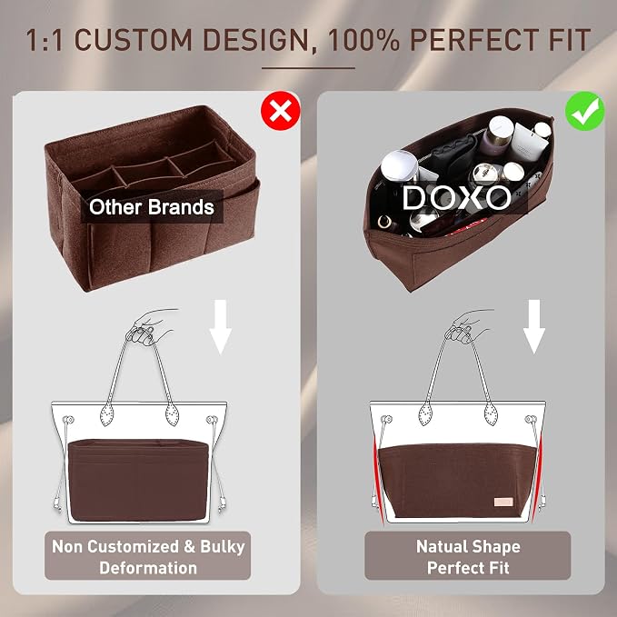Purse Organizer Insert for Handbags & Base Shaper 2pc Set, Felt Neverfull MM Organizer Insert, Tote Bag Organizer with Zipper Pocket and Bottle Holder, Fit Speedy 30 Neverfull MM and More,Brown-L - Image 5