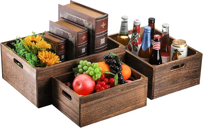 Frcctre Set of 3 Wood Nesting Storage Crates with Handles, Decorative Farmhouse Wooden Crates Storage Containers Rustic Handmade Natural Solid Wood Basket - Image 4