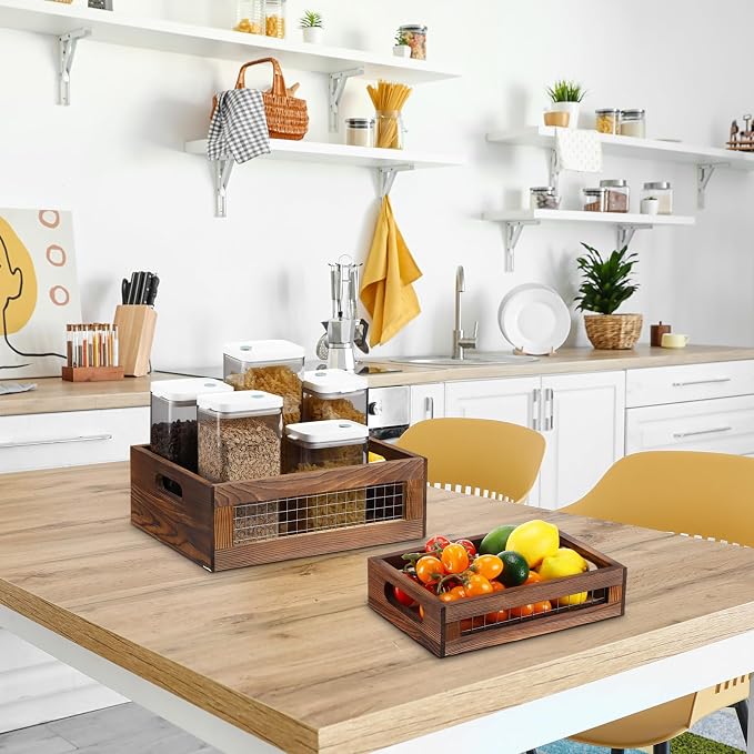 FillTouch 4 Pcs Wooden Nesting Countertop Baskets 4 Size Wooden Storage Box with Handle and Metal Wire Multipurpose Wood Organizer Crate for Fruit Vegetable Kitchen Cabinet Bathroom(Walnut,Small) - Image 4
