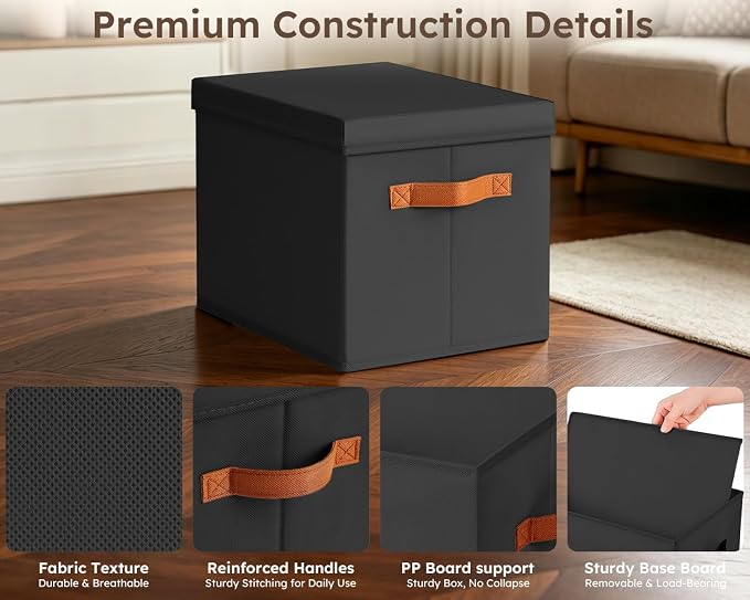 Storage Bins with Lids - Fabric Storage Baskets for Shelves, 6 Pack Foldable Decorative Boxes with Handles, Stackable Organizer Bins for Home, Nursery, Dorm, Black - Image 6