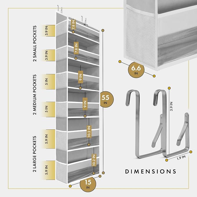 Over the Door Organizer, 6-Tier, 100D Fabric Transparent 2pc | Over the door shoe organizer, 50 lbs capacity, 12 side mesh pockets, 100D extra thick fabric, Closet & entryway storage - Image 3