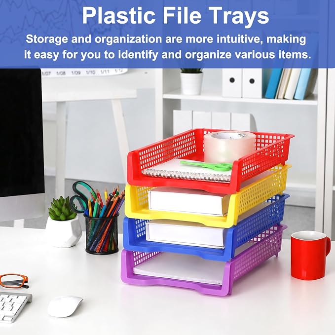 16 Pack Colorful Plastic Turn in Paper Trays for Classroom Storage Bin Basket Organizers for School Teacher Supplies Classroom Office Home Organization Storage Tray Holds 4A Paper File Document - Image 5