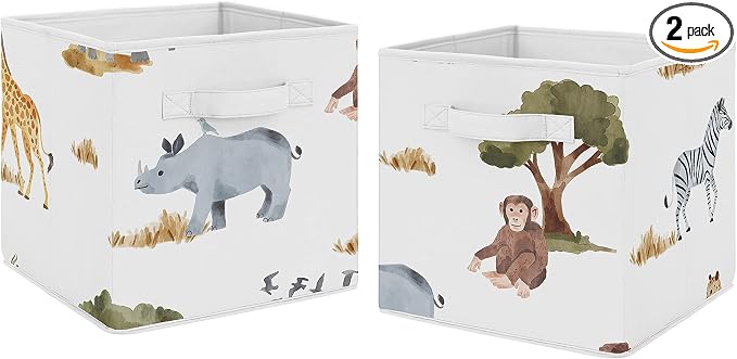 Sweet Jojo Designs Jungle Animals Foldable Fabric Storage Cube Bins Boxes Organizer Toys Kids Baby Set of 2 Dark Hunter Green Yellow Grey Black White Wildlife Safari Elephant Giraffe Monkey Leopard by SweetJojoDesigns