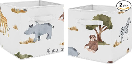 Sweet Jojo Designs Jungle Animals Foldable Fabric Storage Cube Bins Boxes Organizer Toys Kids Baby Set of 2 Dark Hunter Green Yellow Grey Black White Wildlife Safari Elephant Giraffe Monkey Leopard by SweetJojoDesigns