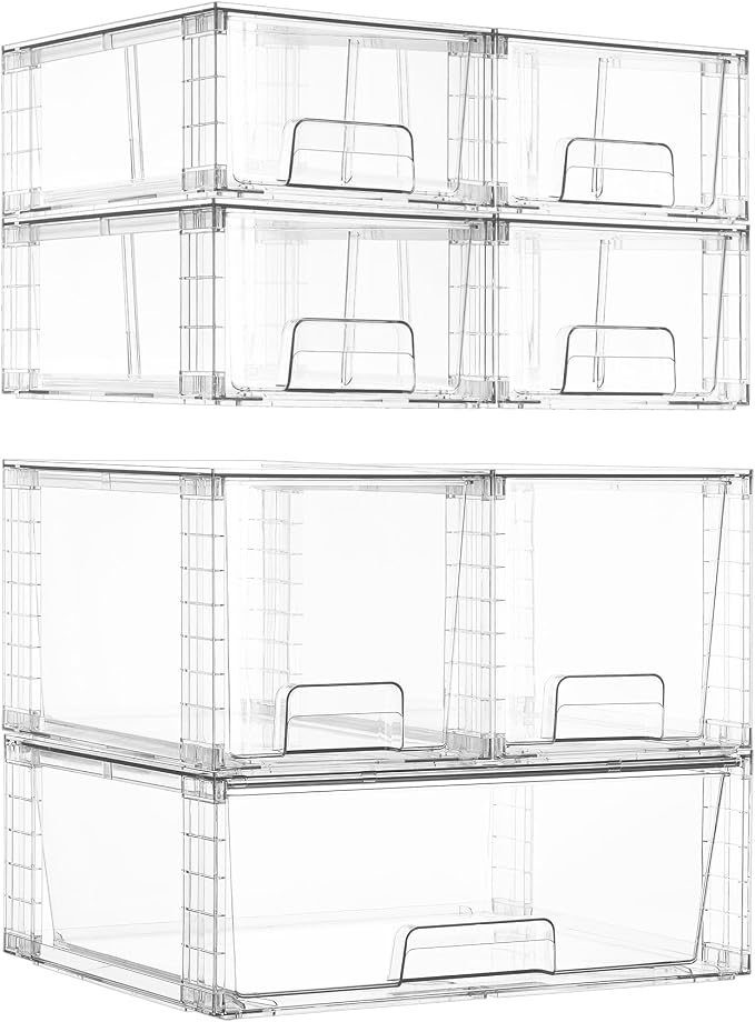 Vtopmart Clear Stackable Storage Drawers, 7 Pack Multi Size Set | Wide, Medium and Small Pull-Out PET Drawers for Flexible Organization, Stackable Storage for Cabinets, Closets, Pantry by Vtopmart