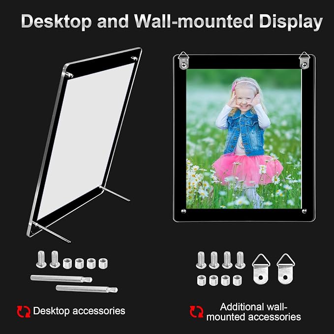 Thyle 8 Pcs Acrylic Photo Frame 8 x 10''Clear Floating Picture Frame Brackets Document Certificate A4 Poster Tabletop or Hanging Wall Mount Display for Christmas Mother (Silver) - Image 4