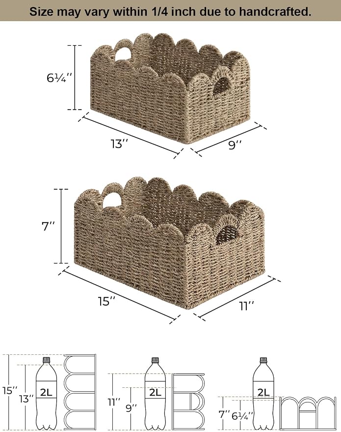 StorageWorks Scalloped Wicker Basket, Woven Baskets for Storage, Seagrass | Woven Baskets for Storage, Wicker Storage Baskets for Shelves, Large Wicker Basket, Shelf Basket with Handles, 2 Pack - Image 3