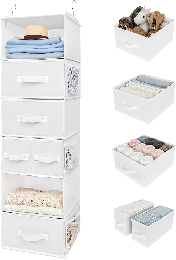 GRANNY SAYS Hanging Closet Organizer, 5 Drawers, 6 Shelves, 6 Pockets | Hanging Closet Organizer with 5 Different Drawer Designs, 6 Shelves & Reinforced Structure for Organized Small Space, Whites by GRANNYSAYS
