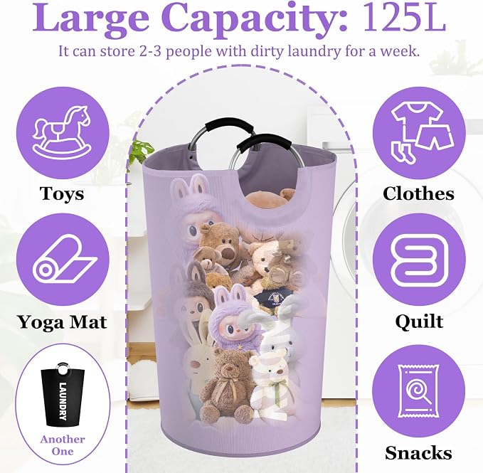 2Pack 125L Laundry Hamper, Oxford Clothes Basket with Padded Handle | IHOMAGIC Tall Blanket Basket, Freestanding Clothes Hamper, Water-resistant Storage Basket for Hotel, Family, Black+Purple - Image 2