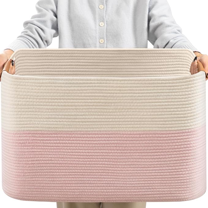 Large Woven Basket 25’’*16’’*16’’ Rectangle Woven Baskets for Storage, Storage for Living Room, Soft Cotton Rope Basket With Handle, Large Basket for Kids Dog Toys, 108L Pink+White by danpinera