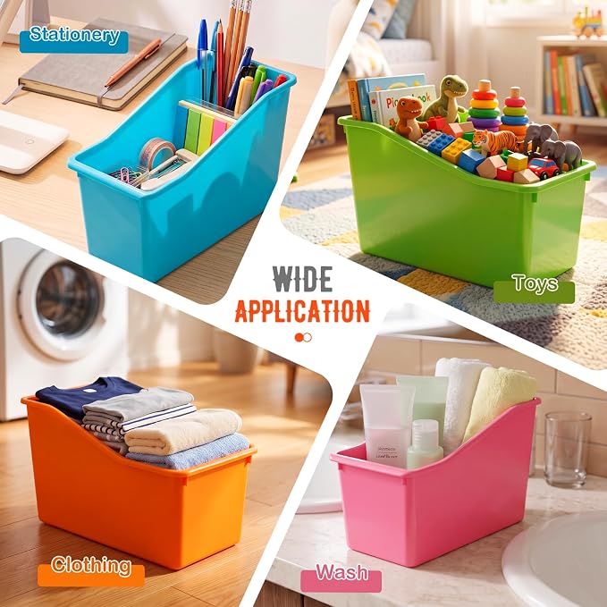 Geetery 12 Pcs Book Bin for Classroom with Labels Stackable Plastic Organizing Bins 11.5 x 5.4 x 7.5 in Book Holders Storage Bins Box Baskets for Classroom Library Home (Vibrant Color) - Image 5
