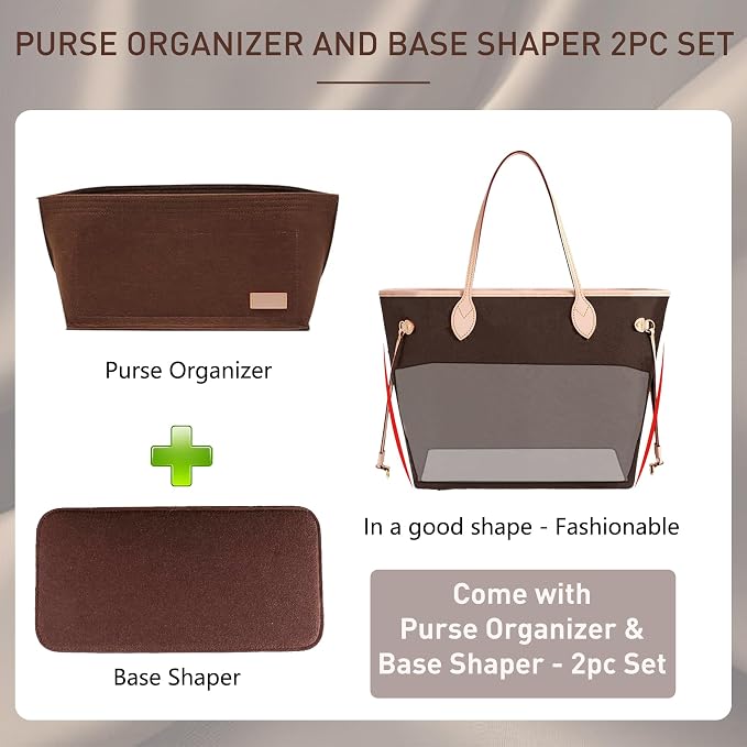Purse Organizer Insert for Handbags & Base Shaper 2pc Set, Felt Neverfull PM Organizer Insert, Tote Bag Organizer with Zipper Pocket and Bottle Holder, Fit Neverfull PM and More, Brown-M - Image 3