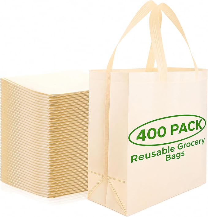 Simply Cool 400 Pack Reusable Grocery Bags, Medium Tote Bags Bulk, Cream | 12.6"x6.3"x11.8" Heavy Duty Non-woven Custom Shopping Bags with Handles, Foldable, Washable for Retail and Commercial use by SimplyCool