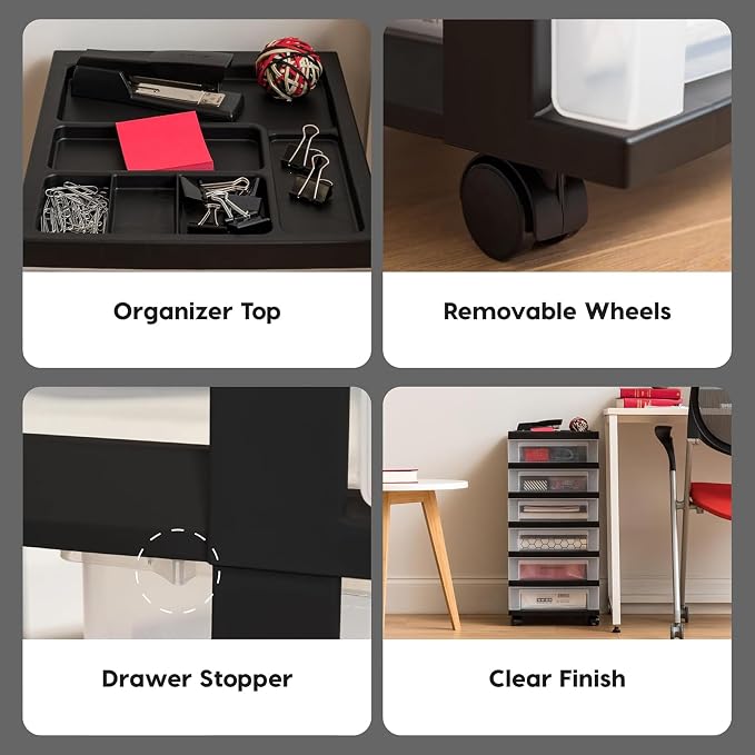 IRIS USA 2 Pack 6-Drawer Plastic Storage Rolling Organizer Cart with Caster Wheels for Laundry Room, Bathroom, or Closet Dresser Storage, Black/Clear - Image 5