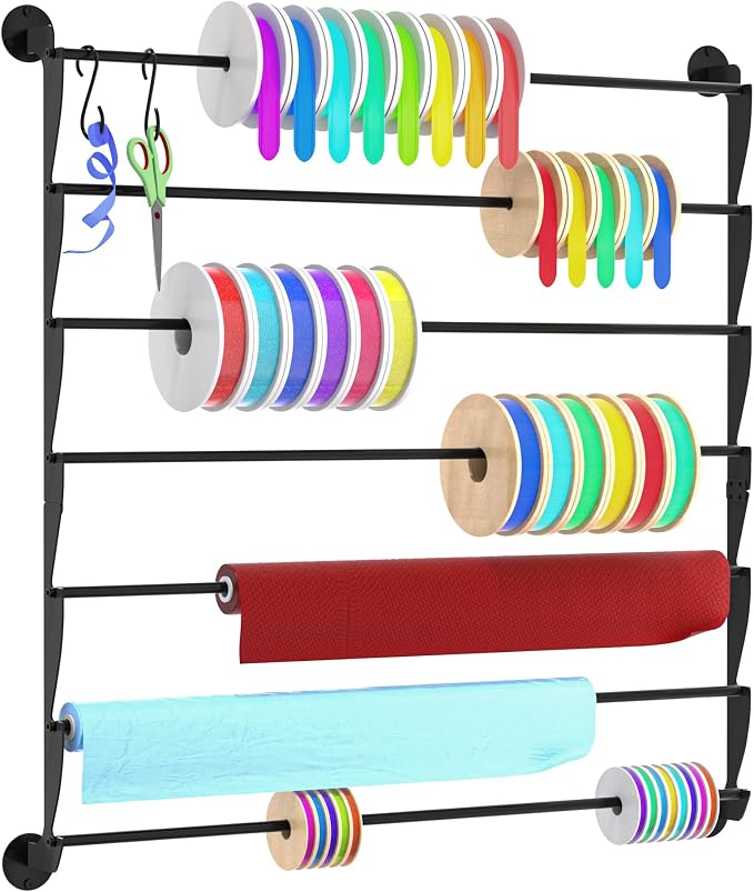 Ribbon Organizer, Wall Mounted Ribbon Holder Storage Rack with Activity Hooks, 7 Tier Metal Wrapping Paper Storage for Craft Room, Flower Shop, Cake Shop, Gift Wrapping Paper, Mesh Ribbon, Washi Tape by Alyoen