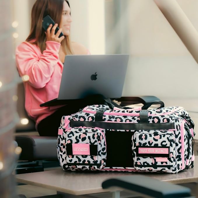 WOLFpak Ultimate 40L Gym & Travel Duffle Bag Rigid Frame (Leopard Pink Zip) | 16" Dual Laptop Sleeves, 180° Full Opening, Hidden Security Pocket, Shoe Compartment, Trolley Sleeve, MOLLE Webbing - Image 7