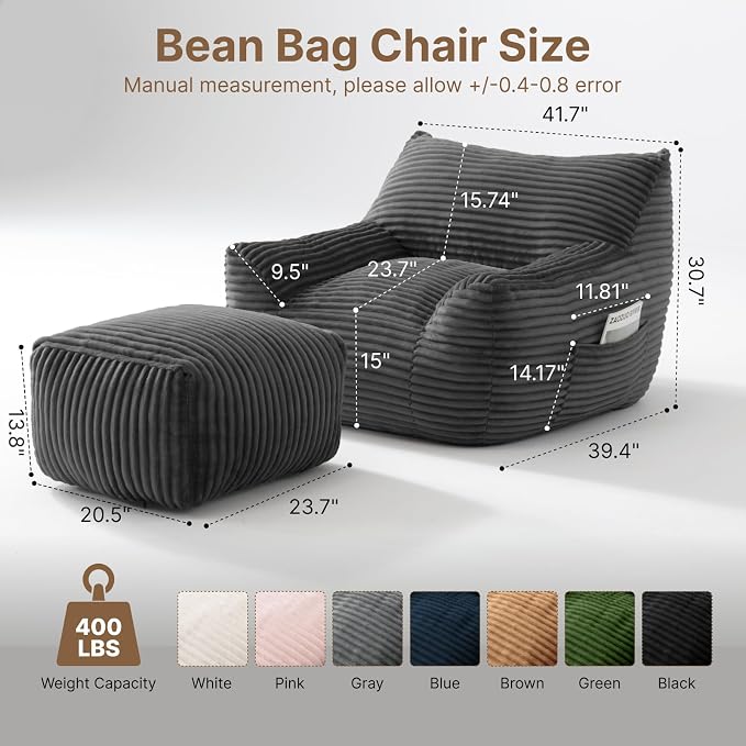 Oversized Bean Bag Chair with Ottoman, Bean Bag Couch with 2 Side Pockets, Corduroy Boneless Couch Chair in a Box, Comfy Lounge Chair for Living Room, Bedroom, Dorm, Gray - Image 2