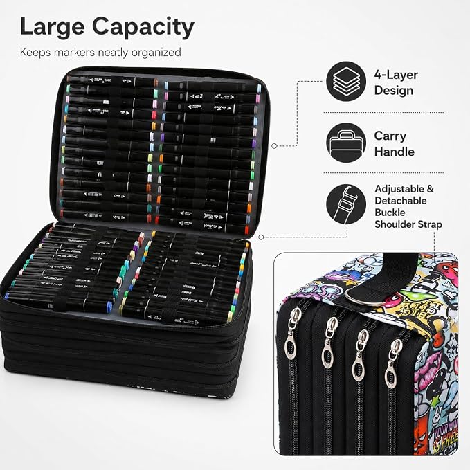 224-Slot Marker Organizer Bag, 4-Layer Case with Strap | 224-slot 4-layer marker bag in twill Oxford fabric with handle, detachable strap, smooth zipper for studio and outdoor use. - Image 3