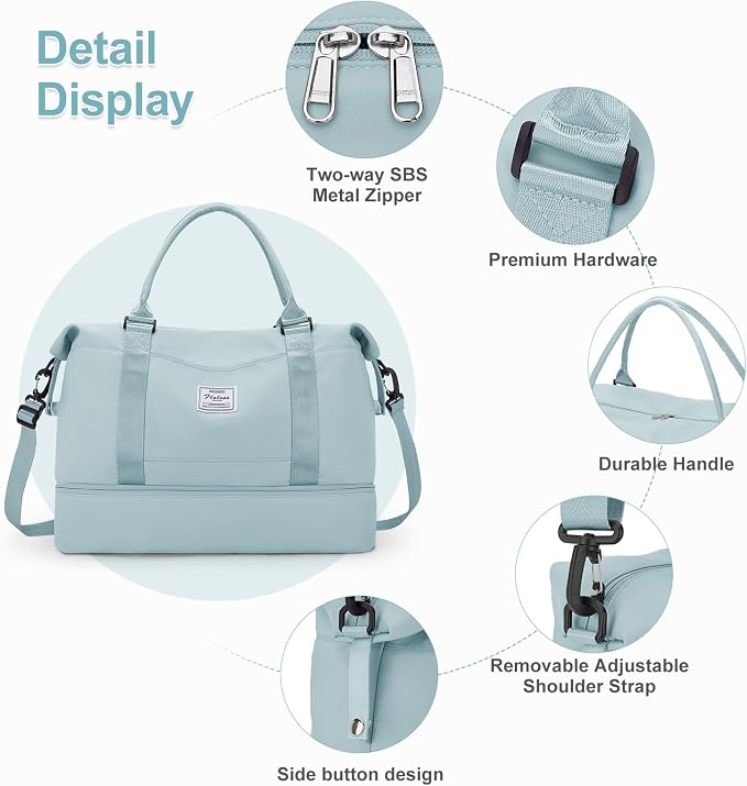 Large Weekender Bags for Women, Travel Duffel Bags with Shoe Compartment,Personal Item Travel Carry on Overnight bag for women Travel Set,Light Blue - Image 5