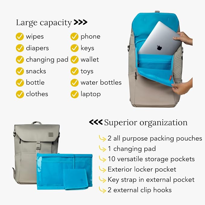 Huhu Diaper Bag Backpack – Large Baby Bag for Moms & Dads – Water-Resistant, Unisex Travel Kit for New Parents – Includes Changing Pad and 2 Organizer Pouches (Daybreak Taupe) - Image 3