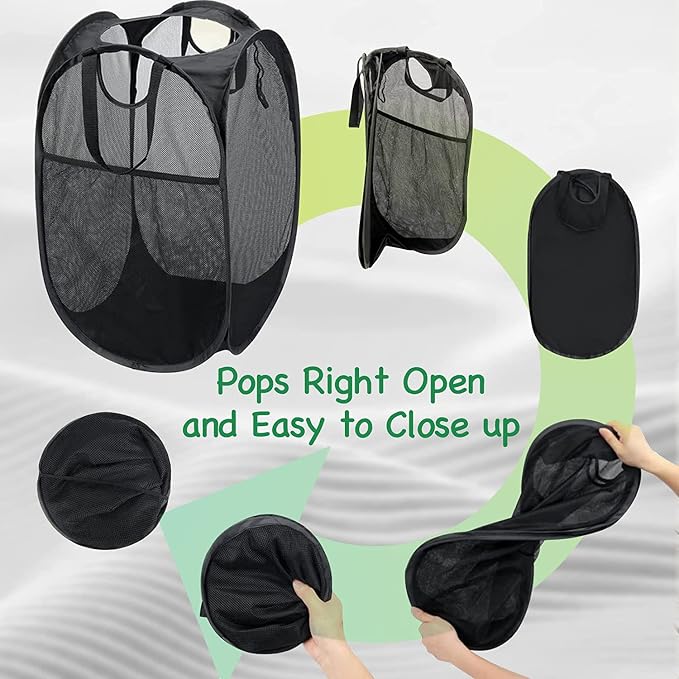 AQQA 9 Pcs Mesh Popup Laundry Hamper Set, Black/White/Blue, Durable Handles, Foldable, Sturdy Mesh Construction, Ideal for Kids, Teens, Adults, College Dorm, Camping, Hotel, Travel | Foldable, Sturdy Mesh Construction, Ideal for Kids, Teens, Adults, Co... - Image 3
