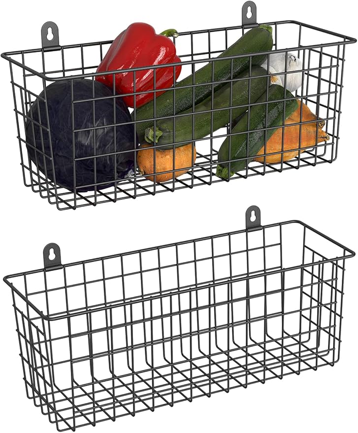 MaraFansie [Extra Large] Wire Basket 2-Pack Hanging Wall Organizer Cabinet Storage Basket Wall Mounted Shelves Rustic Farmhouse Decor for Home Kitchen Bathroom, BLACK by MakeStorageMoreFun