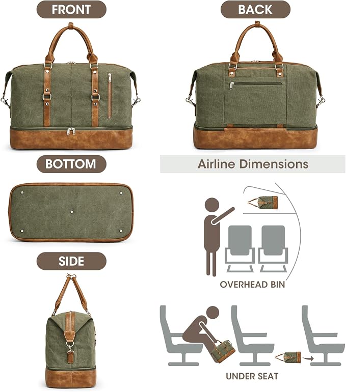 S-ZONE Weekender Bag for Men Canvas Duffle Overnight Travel Bag Army Green | Anti-wrinkle Canvas,Adjustable Shoulder Strap,1 Main Large Compartment and 7 Pockets,with Shoe Compartment - Image 3