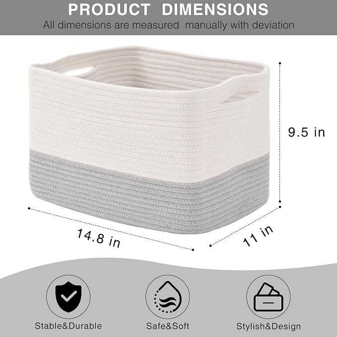 Grey Storage Baskets for Organizing Shelves, Woven Cotton Rope Baskets for Storage, Dog Toy Basket Storage Kids, Gray Shelf Basket, 14.8"×11"×9.5", Pack of 3, Off White & Grey - Image 2
