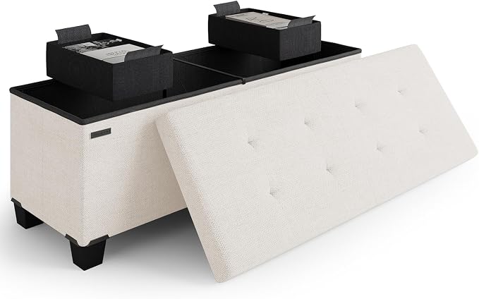 Storage Ottoman Bench with Bins, 43-in Storage Bench for Bedroom End of Bed, Folding Foot Rest Ottoman for Living Room Max 660lbs, Fabric Ottomans, Beige by STORAGEBUD