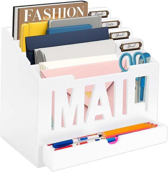 Mail Organizer Countertop, Desktop Mail Sorter with Drawer & Label Tags, WH | Bills, Letters, Envelopes & Receipts by ADDFITHOUSE