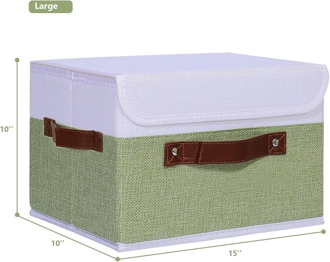 ANMINY Fabric Storage Box Bins with Lids, Green White, 15"x10"x10", 4 Pack | Keepsake Memory Storage, Cotton Linen, PP Board Reinforced, Washable, PU Handles, Foldable & Stackable, Decorative, Large - Image 5