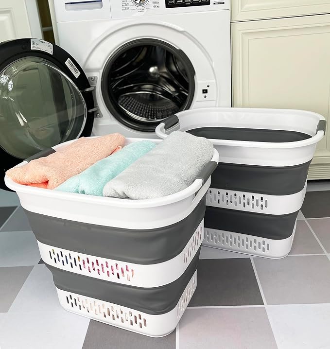 SAMMART 40L (10.5 Gallon) Collapsible Plastic Laundry Basket - Foldable Pop Up Storage Container/Organizer - Portable Laundry Hamper - Space Saving (2, White/Steel Grey) - Image 3