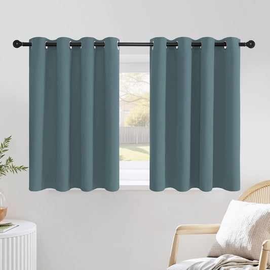 NICETOWN Blackout Greyish Blue Kitchen Curtains, Grommet Thermal Insulated Solid Vertical Drapes Room Darkening for Cafe, 2 Panels, W52 x L36