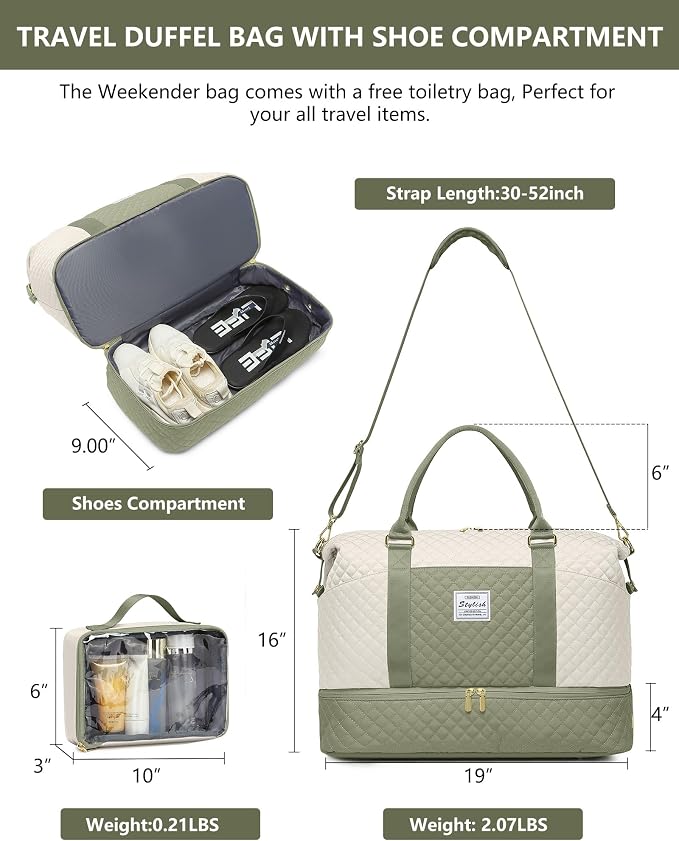 Weekender Bags for Women Duffle Bag - Travel Duffel Bag with Shoe Compartmen Carry on Overnight Bag with Toiletry Bag Gym Tote Bag with Wet Pocket Hospital Bags for Labor and Delivery Beige Green - Image 5