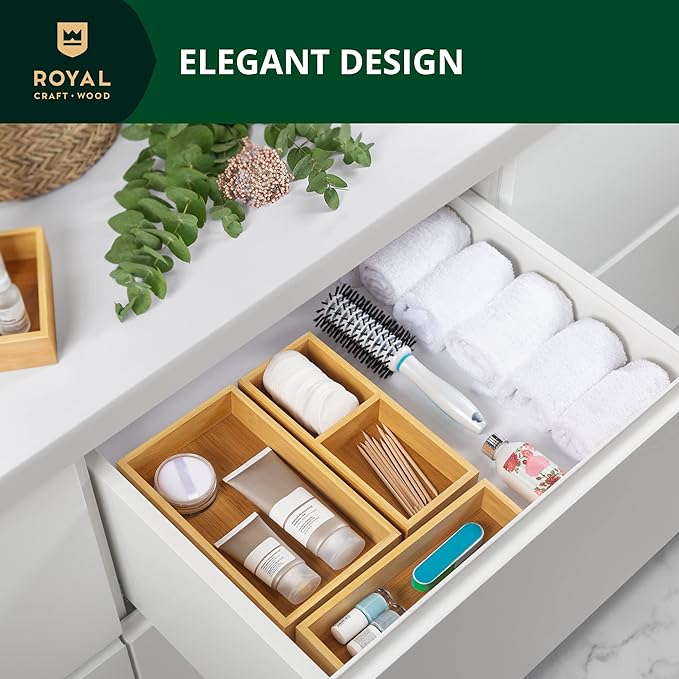 ROYAL CRAFT WOOD Luxury Bamboo Drawer Organizer Storage Box, Bin Set - Multi-Use Drawer Organizer for Kitchen, Bathroom, Office Desk, Makeup, Jewelry (3 Boxes) - Image 4