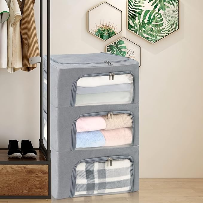 Clothes Storage Box Bins Stackable Foldable Organizer,Sturdy Handles with Metal Frame for Clothing Bedding Shelves,Closet Container with Clear Window Zipper and Label Holder (Gray, 22L x3 Pack) - Image 3