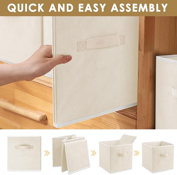 Storage Cubes, 11 Inch Clothes Storage Bins with Dual Handles (10 Pack), Fabric Collapsible Storage Bins for Shelves Closet, Cubby Organizer Bins for Clothing Toys Blanket Magazines (Beige) - Image 6