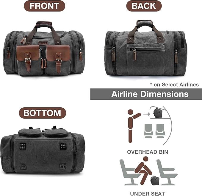 Wildroad Canvas Duffle Bag - 60L Expandable Weekender Overnight Travel Bag | Gifts for Men, Holiday Birthday Gift for Dad, Husband & Partner, Carry-on Size - Image 5