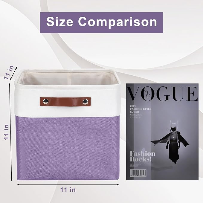 Collapsible Fabric Storage Cubes 11x11 Cube Storage Bins, 4 Pack Closet Baskets Box with Handles for Organizing, Shelf, Toys, Clothes, Home, Office, Nursery (Purple&White) - Image 2