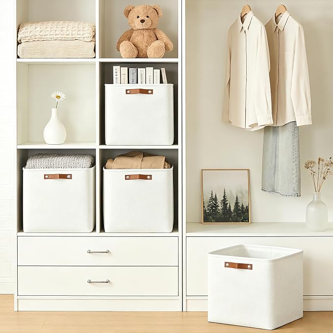 13x13 Cube Storage Bins, Collapsible Fabric Storage Box, 4 Pack Closet Baskets with Handles for Organizing, Shelf, Toys, Clothes, Home, Office, Nursery (White) - Image 2
