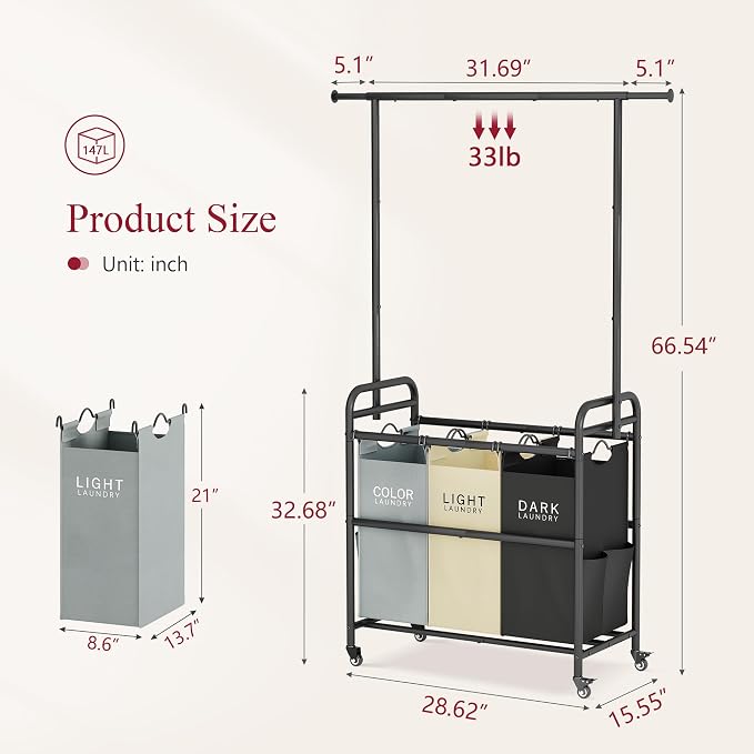 Laundry Sorter Cart with Hanging Clothes Rack, 3 Section, 3 Colors | 135L Laundry Sorter Hamper Cart with Heavy Duty Rolling Lockable Wheels and Removable Bags for Laundry Room, Apartment - Image 6