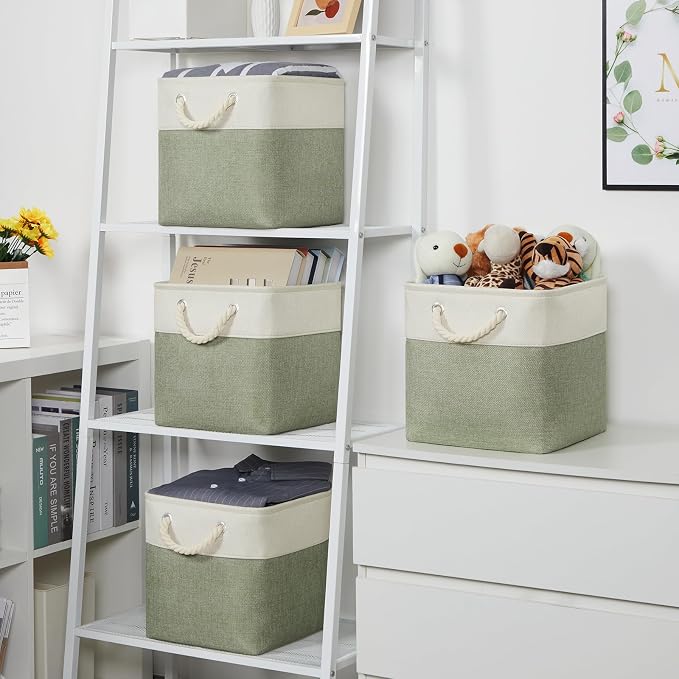 Temary Cube for Shelves 11 Inch Bin 4Pack Fabric Storage Baskets for Organizing Toys, Clothes, Decorative Baskets with Rope Handles (White&Green) - Image 2
