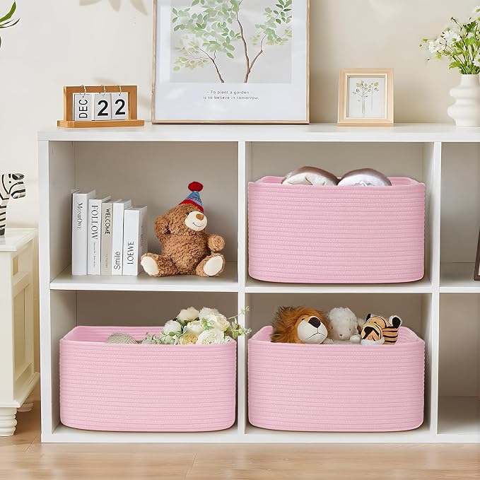 2 Pack Large Storage Basket for Organizing, 17.5"x13"x7" Woven Basket for Shelves, Closet Cube Storage Bins with Wrapped Handle, Cotton Rope Baskets for Kitchen, Clothes, Toys(Light Pink) - Image 6