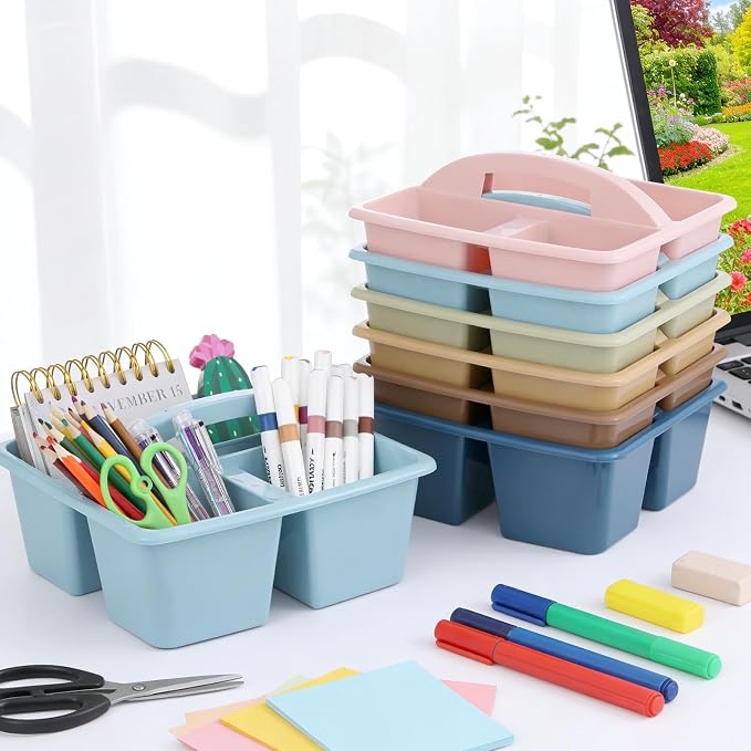 gisgfim 6 Pack Classroom Caddy with Handle Plastic Storage Caddy Organizer with 3 Compartments Desk Caddies Holder Portable Storage Bin for Pencil, Crayon, Marker, Home, Office, School Supply(Retro) - Image 4