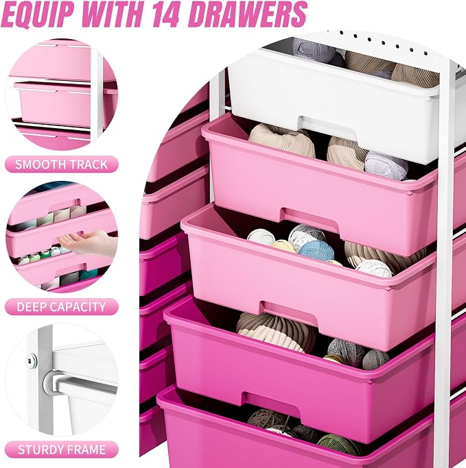 14 Drawer Rolling Storage Cart with Tabletop and Pegboard for Crafts Pink | Easy Setup, Large Capacity, Sturdy Build, Smooth Mobility, For classroom, office and dorm supplies - Image 4
