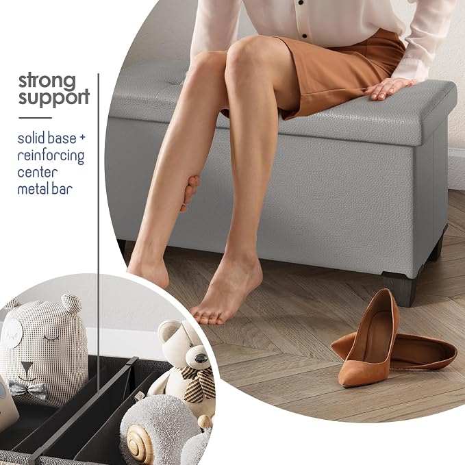 Storage Ottoman Bench with Bins, 30-in Storage Bench for Bedroom End of Bed, Folding Foot Rest Ottoman for Living Room Max 660lbs, Leather Ottomans, Light Grey - Image 5