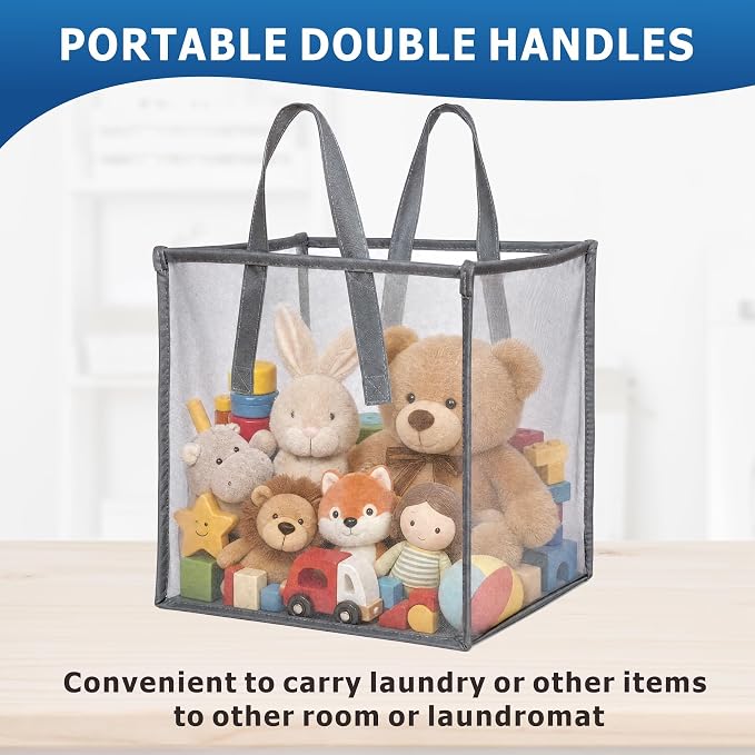 2 Pack Mesh Pop Up Laundry Basket with Handles 32L Portable and Foldable Laundry Hamper Washing Baskets for Tidy Storage Clothes Toys (1 Pack Grey+1 Pack Black) - Image 4